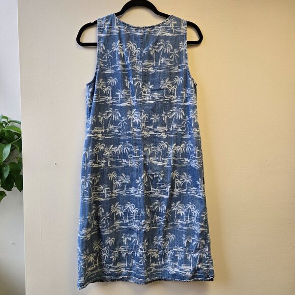 Women's L Blue Sleeveless Palm Tree Print Denim Chambray Shift Dress Jumper - Picture 2 of 11